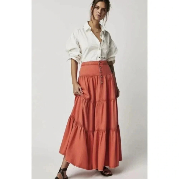 NWT Free People Dreamweaver Maxi Skirt Denim Jean Tiered High Rise Orange - Picture 1 of 16